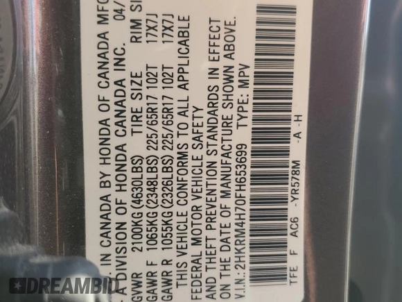 2015 Honda CR-V EX-L with VIN 2HKRM4H70FH653699, listed as a Copart auction lot 51898785 with 117,709 mi miles and Salvage Title. Bid and sale history available at carsss.com. Image 13.