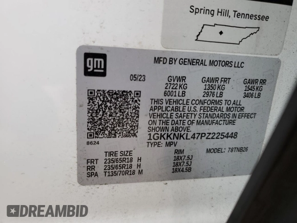 2023 GMC Acadia SLE z VIN 1GKKNKL47PZ225448, wystawiony jako Copart lot #51443455 z przebiegiem 20 840 mil mil oraz Szkoda całkowita • Salvage title. Historia ofert i sprzedaży dostępna na DreamBid. Obrazek 15.