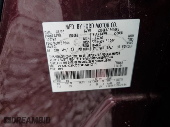 2011 Ford Edge Limited с VIN 2FMDK3KC3BBA01211, выставлен на аукционе Copart как лот 56788475 с пробегом 103 137 миль миль и Списание • Salvage title. История ставок и продаж доступна на DreamBid. Изображение 13.