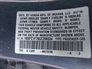 2016 Honda Civic Sedan EX-L with VIN 19XFC1F76GE206534, listed as a IAAI auction lot 41485715 with 105,663 mi miles. Bid and sale history available at carsss.com. Image 9.