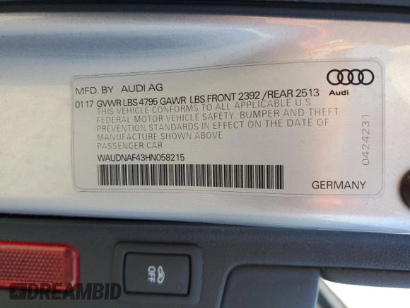 2017 Audi A4 Season of Audi Premium with VIN WAUDNAF43HN058215, listed as a Copart auction lot 49381505 with 0 mi miles and Salvage Title. Bid and sale history available at carsss.com. Image 14.