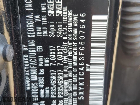 2015 Kia Sorento LX with VIN 5XYKTCA63FG607646, listed as a Copart auction lot 52116445 with Not Provided miles and Non Repairable. Bid and sale history available at DreamBid. Image 13.