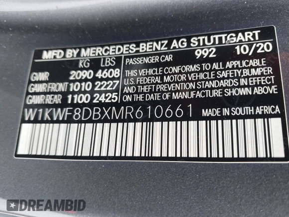 2021 Mercedes-Benz C 300 with VIN W1KWF8DBXMR610661, listed as a IAAI auction lot 42360586 with 47,967 mi miles and . Bid and sale history available at DreamBid. Image 9.
