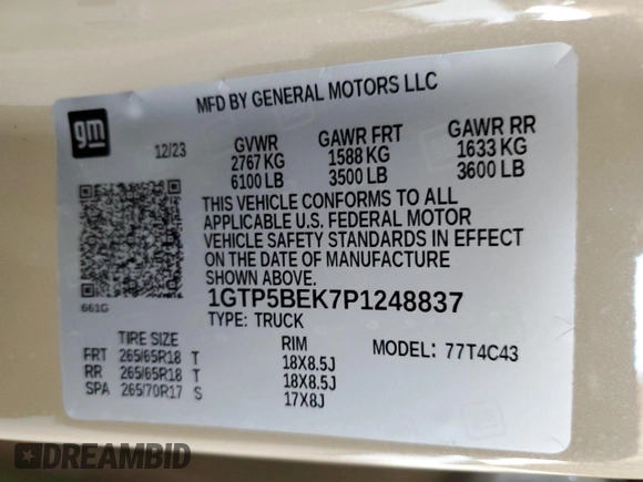 2023 GMC Canyon 2WD Elevation with VIN 1GTP5BEK7P1248837, listed as a Copart auction lot 77825924 with 6,793 mi miles and Salvage Title. Bid and sale history available at carsss.com. Image 13.