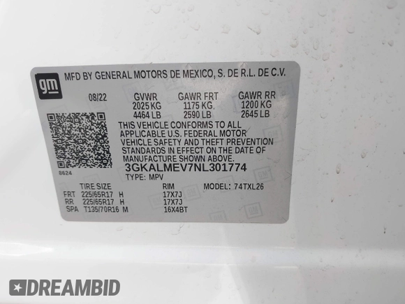 2022 GMC Terrain SLE z VIN 3GKALMEV7NL301774, wystawiony jako IAAI lot #42734720 z przebiegiem 48 012 mil mil oraz . Historia ofert i sprzedaży dostępna na DreamBid. Obrazek 9.