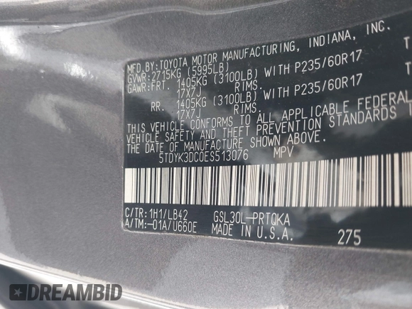 2014 Toyota Sienna XLE with VIN 5TDYK3DC0ES513076, listed as a IAAI auction lot 42724629 with 154,019 mi miles and . Bid and sale history available at DreamBid. Image 9.