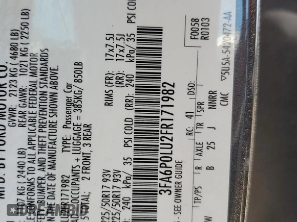 2015 Ford Fusion SE Hybrid with VIN 3FA6P0LU2FR171982, listed as a Copart auction lot 60216585 with 113,750 mi miles and Salvage title. Bid and sale history available at DreamBid. Image 13.