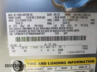 2022 Ford Expedition Max XLT with VIN 1FMJK1JT5NEA54767, listed as a IAAI auction lot 41854627 with 62,057 mi miles and . Bid and sale history available at DreamBid. Image 9.