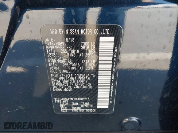 2019 Nissan Armada SL z VIN JN8AY2ND0KX008716, wystawiony jako IAAI lot #41891276 z przebiegiem 113 822 mil mil oraz . Historia ofert i sprzedaży dostępna na DreamBid. Obrazek 9.