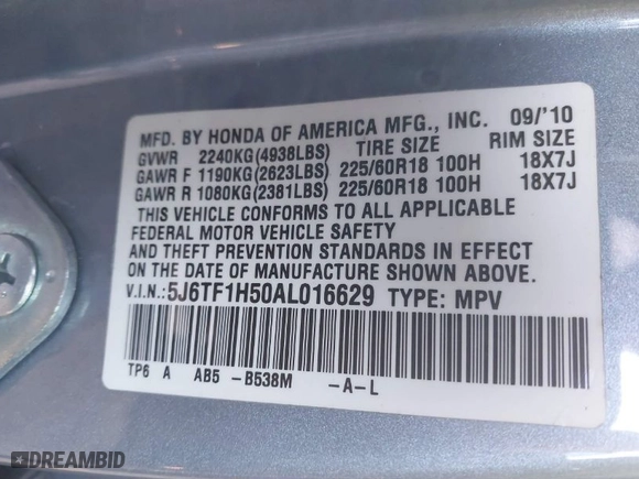 2010 Honda Accord Crosstour EX-L with VIN 5J6TF1H50AL016629, listed as a IAAI auction lot 40991517 with 221,469 mi miles. Bid and sale history available at carsss.com. Image 9.