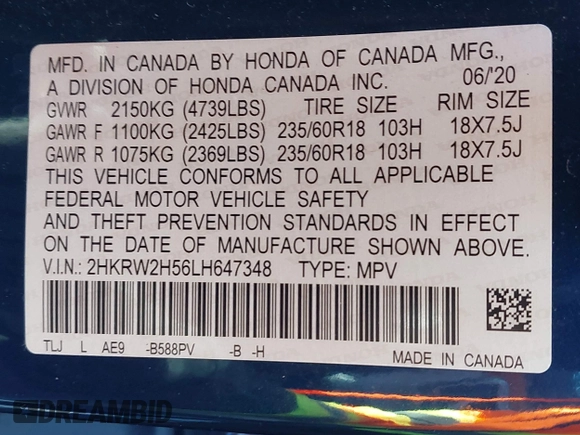 2020 Honda CR-V EX with VIN 2HKRW2H56LH647348, listed as a IAAI auction lot 41676165 with 34,212 mi miles. Bid and sale history available at carsss.com. Image 9.