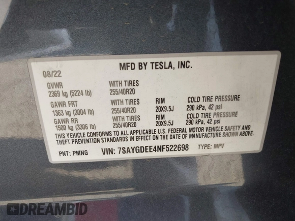 2022 Tesla Model Y Long Range z VIN 7SAYGDEE4NF522698, wystawiony jako IAAI lot #41287885 z przebiegiem 82 306 mil mil oraz . Historia ofert i sprzedaży dostępna na DreamBid. Obrazek 9.