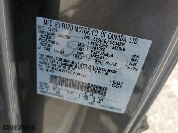 2004 Ford F-150 Heritage XL with VIN 2FTRX18W74CA39541, listed as a Copart auction lot 50390125 with 0 mi miles and Salvage Title. Bid and sale history available at carsss.com. Image 12.
