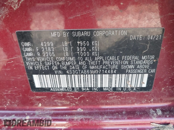 2021 Subaru Impreza with VIN 4S3GTAB69M3714484, listed as a IAAI auction lot 41616935 with 40,875 mi miles and . Bid and sale history available at DreamBid. Image 9.