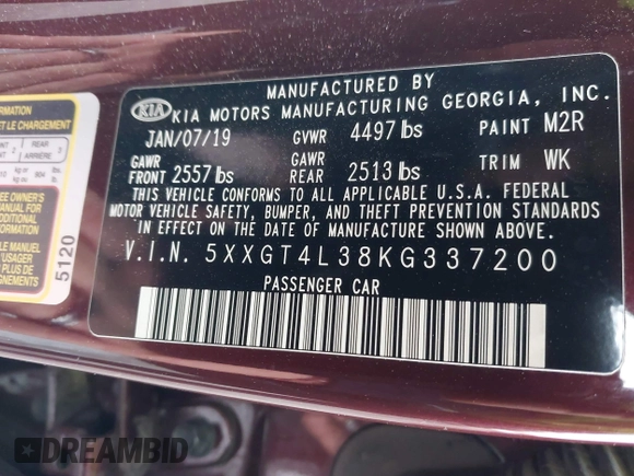 2019 Kia Optima LX z VIN 5XXGT4L38KG337200, wystawiony jako IAAI lot #41807462 z przebiegiem 126 429 mil mil oraz . Historia ofert i sprzedaży dostępna na DreamBid. Obrazek 9.