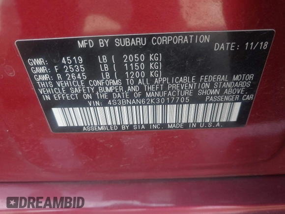 2019 Subaru Legacy Limited with VIN 4S3BNAN62K3017705, listed as a IAAI auction lot 42097433 with 166,249 mi miles and . Bid and sale history available at DreamBid. Image 9.
