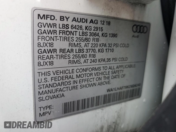 2019 Audi Q7 Premium Plus with VIN WA1LHAF79KD024240, listed as a Copart auction lot 57063645 with 77,844 mi miles and Salvage title. Bid and sale history available at DreamBid. Image 14.