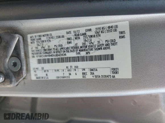 2013 Ford Escape SEL with VIN 1FMCU9H94DUB43536, listed as a Copart auction lot 50815175 with 193,154 mi miles and Salvage Title. Bid and sale history available at carsss.com. Image 13.
