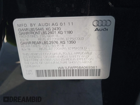 2011 Audi Q5 Premium Plus with VIN WA1LFAFP5BA069361, listed as a IAAI auction lot 42134778 with 114,036 mi miles and . Bid and sale history available at DreamBid. Image 9.
