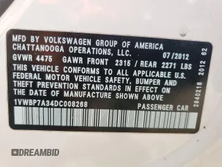 2013 Volkswagen Passat SE with VIN 1VWBP7A34DC008268, listed as a Copart auction lot 63002035 with 180,787 mi miles and Salvage title. Bid and sale history available at DreamBid. Image 12.