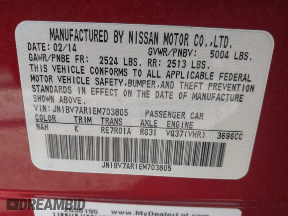 2014 Infiniti Q50 Premium with VIN JN1BV7AR1EM703805, listed as a IAAI auction lot 41657639 with 68,882 mi miles. Bid and sale history available at carsss.com. Image 9.