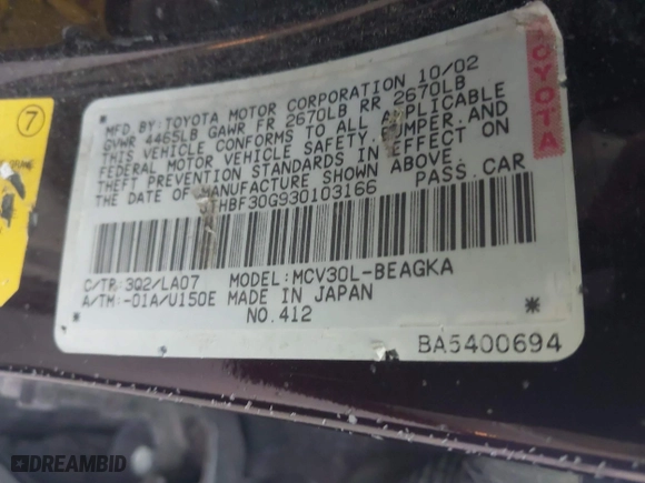 2003 Lexus ES 300 with VIN JTHBF30G930103166, listed as a IAAI auction lot 42019548 with 176,241 mi miles. Bid and sale history available at carsss.com. Image 9.