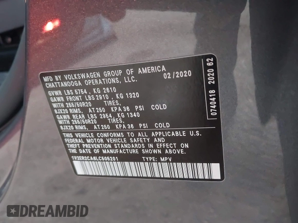 2020 Volkswagen Atlas SEL with VIN 1V2ER2CA6LC505201, listed as a IAAI auction lot 41335878 with 30,732 mi miles and . Bid and sale history available at DreamBid. Image 9.
