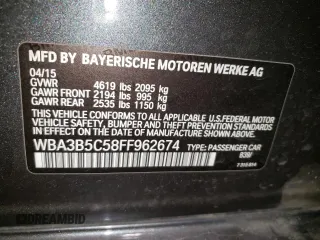 2015 BMW 3 Series 328i xDrive with VIN WBA3B5C58FF962674, listed as a Copart auction lot 58994595 with Not provided miles and Salvage title. Bid and sale history available at DreamBid. Image 12.