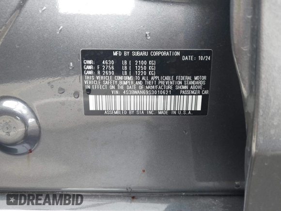 2025 Subaru Legacy Limited with VIN 4S3BWAN69S3010621, listed as a IAAI auction lot 41894658 with Not provided miles and . Bid and sale history available at DreamBid. Image 9.
