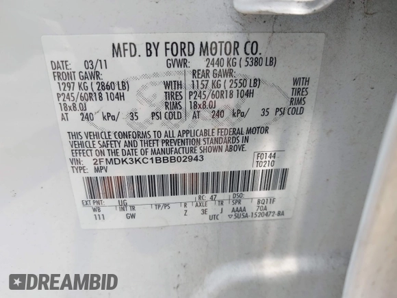 2011 Ford Edge Limited with VIN 2FMDK3KC1BBB02943, listed as a IAAI auction lot 42401546 with 244,508 mi miles and . Bid and sale history available at DreamBid. Image 9.