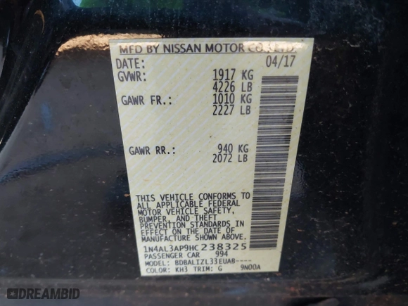 2017 Nissan Altima 2.5 SV with VIN 1N4AL3AP9HC238325, listed as a IAAI auction lot 41354910 with 187,009 mi miles. Bid and sale history available at carsss.com. Image 9.