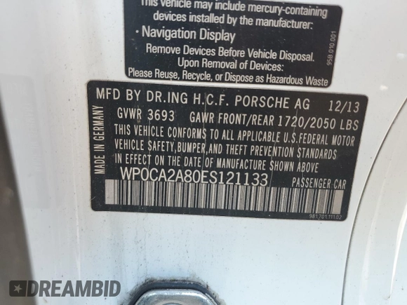 2014 Porsche Boxster with VIN WP0CA2A80ES121133, listed as a Copart auction lot 73422534 with 52,623 mi miles and Non repairable. Bid and sale history available at DreamBid. Image 12.