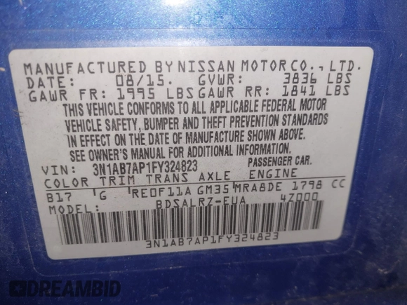 2015 Nissan Sentra S with VIN 3N1AB7AP1FY324823, listed as a IAAI auction lot 41523385 with 159,060 mi miles and . Bid and sale history available at DreamBid. Image 9.