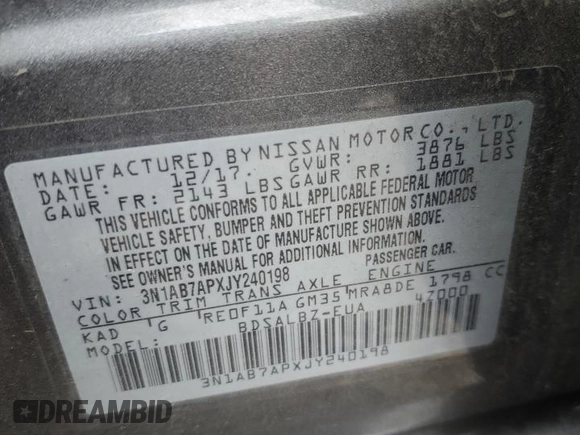 2018 Nissan Sentra SR with VIN 3N1AB7APXJY240198, listed as a Copart auction lot 51753145 with 125,169 mi miles and Salvage Title. Bid and sale history available at DreamBid. Image 12.