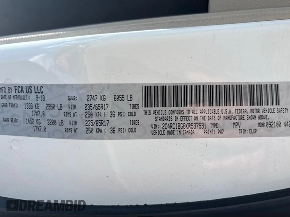 2019 Chrysler Pacifica Touring L с VIN 2C4RC1BG8KR537531, выставлен на аукционе Copart как лот 61310565 с пробегом 270 448 миль миль и Чистый • Clean title. История ставок и продаж доступна на DreamBid. Изображение 10.