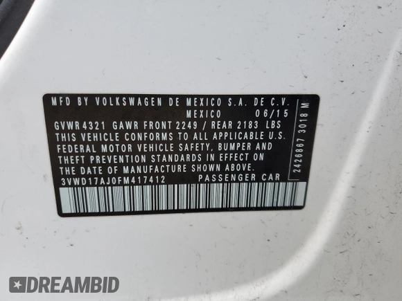 2015 Volkswagen Jetta Sport with VIN 3VWD17AJ0FM417412, listed as a Copart auction lot 48151525 with 110,600 mi miles and Salvage title. Bid and sale history available at DreamBid. Image 14.