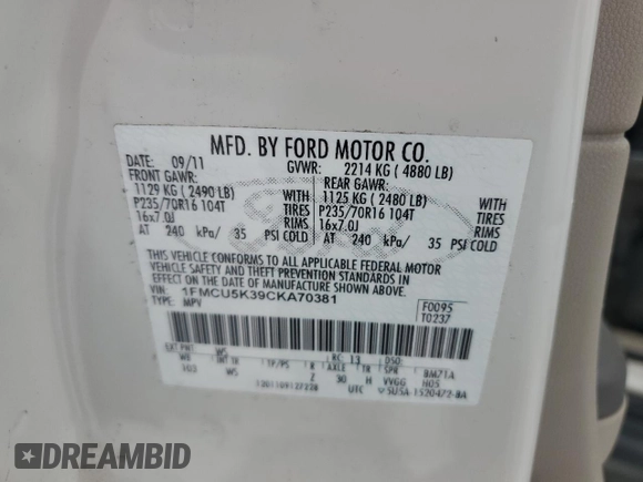 2012 Ford Escape Hybrid with VIN 1FMCU5K39CKA70381, listed as a Copart auction lot 47932465 with 119,668 mi miles and Salvage title. Bid and sale history available at DreamBid. Image 13.