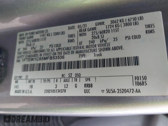 2021 Ford F-150 XL with VIN 1FTEW1C85MFB53536, listed as a IAAI auction lot 41343773 with 101,407 mi miles and . Bid and sale history available at DreamBid. Image 9.