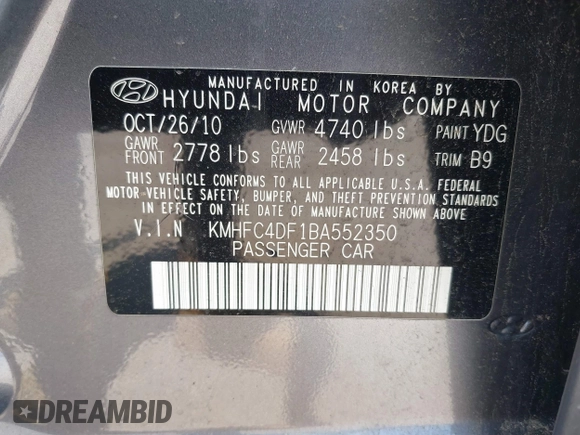 2011 Hyundai Azera Limited with VIN KMHFC4DF1BA552350, listed as a IAAI auction lot 42628519 with 295,296 mi miles and . Bid and sale history available at DreamBid. Image 9.