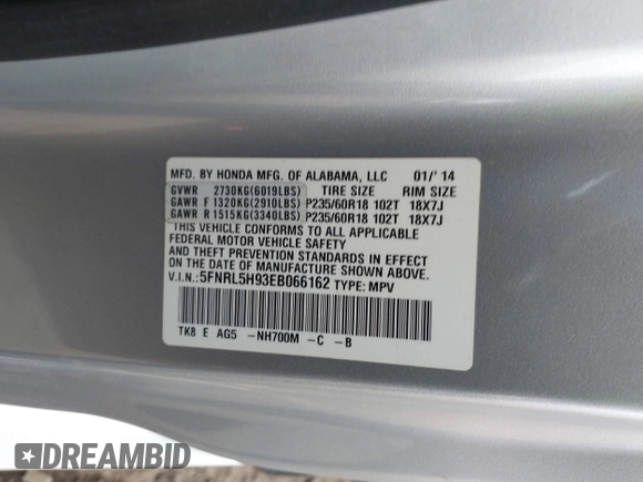 2014 Honda Odyssey Touring with VIN 5FNRL5H93EB066162, listed as a IAAI auction lot 41734783 with 173,063 mi miles and . Bid and sale history available at DreamBid. Image 9.