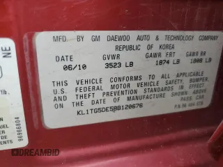 2011 Chevrolet Aveo 2LT with VIN KL1TG5DE5BB120676, listed as a Copart auction lot 55781815 with Not provided miles and Salvage title. Bid and sale history available at DreamBid. Image 13.