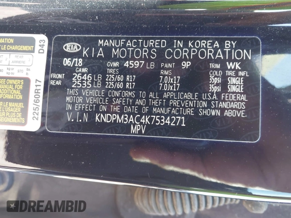 2019 Kia Sportage LX with VIN KNDPM3AC4K7534271, listed as a IAAI auction lot 41696261 with 71,386 mi miles. Bid and sale history available at carsss.com. Image 9.