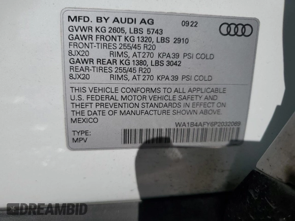 2023 Audi SQ5 Premium Plus with VIN WA1B4AFY6P2032069, listed as a Copart auction lot 84719724 with 20,492 mi miles and Salvage Title. Bid and sale history available at carsss.com. Image 14.