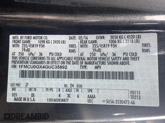 2016 Ford Escape SE with VIN 1FMCU0GX4GUC35892, listed as a Copart auction lot 88822335 with 55,768 mi miles and Non Repairable. Bid and sale history available at carsss.com. Image 15.