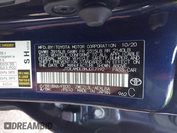 2021 Toyota Corolla Hybrid LE with VIN JTDEAMDE8MJ017192, listed as a IAAI auction lot 41669538 with 45,746 mi miles. Bid and sale history available at carsss.com. Image 9.