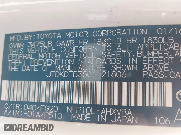 2016 Toyota Prius One with VIN JTDKDTB38G1121806, listed as a IAAI auction lot 41975365 with 78,300 mi miles and . Bid and sale history available at DreamBid. Image 9.