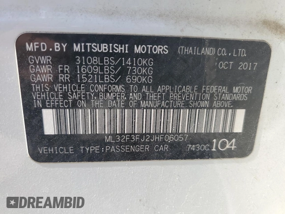 2018 Mitsubishi Mirage G4 ES with VIN ML32F3FJ2JHF06057, listed as a Copart auction lot 52134714 with 53,799 mi miles. Bid and sale history available at carsss.com. Image 12.