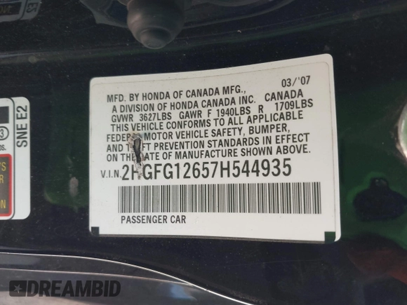 2007 Honda Civic Cpe LX with VIN 2HGFG12657H544935, listed as a IAAI auction lot 42101305 with 229,622 mi miles. Bid and sale history available at carsss.com. Image 9.