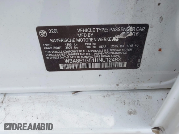 2017 BMW 3 Series 320i z VIN WBA8E1G51HNU12483, wystawiony jako IAAI lot #42339324 z przebiegiem Nie podano mil oraz . Historia ofert i sprzedaży dostępna na DreamBid. Obrazek 9.