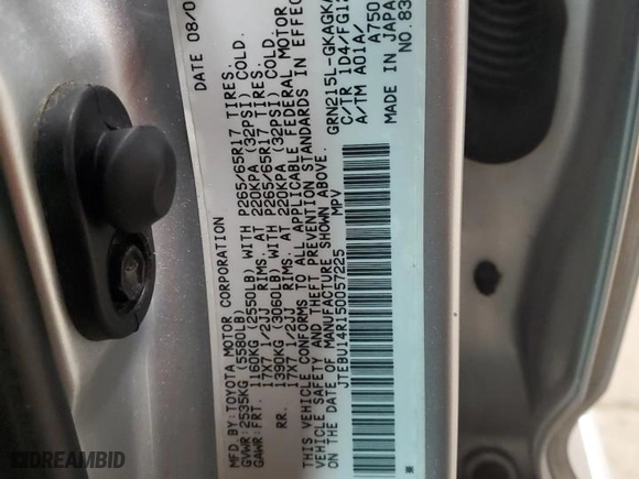 2005 Toyota 4Runner SR5 with VIN JTEBU14R150057225, listed as a Copart auction lot 48126965 with 184,644 mi miles and Non Repairable. Bid and sale history available at carsss.com. Image 13.